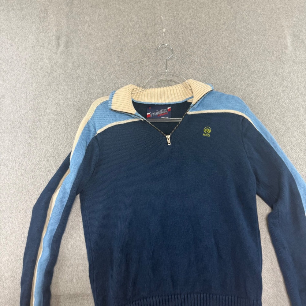 Hollister Quarter Zip Sweater Mens Small Blue Colorblock Y2K Ramie Cotton Blend